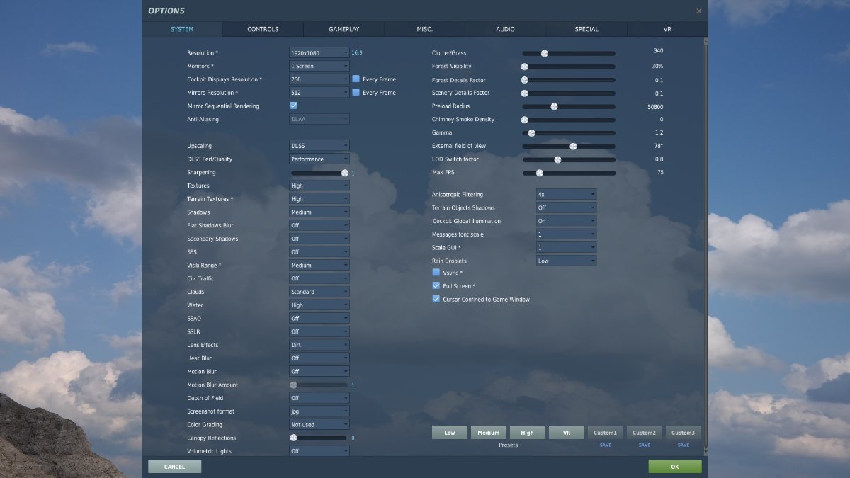 VR settings comparisons